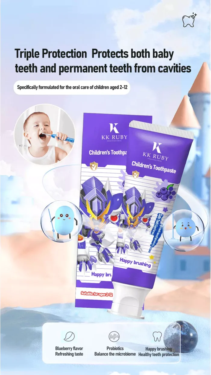 Fluoride-free probiotic kids toothpaste blueberry flavor with triple cavity protection – OEM private label children's oral care Fluoride-free probiotic kids toothpaste blueberry flavor with triple cavity protection – OEM private label children's oral care