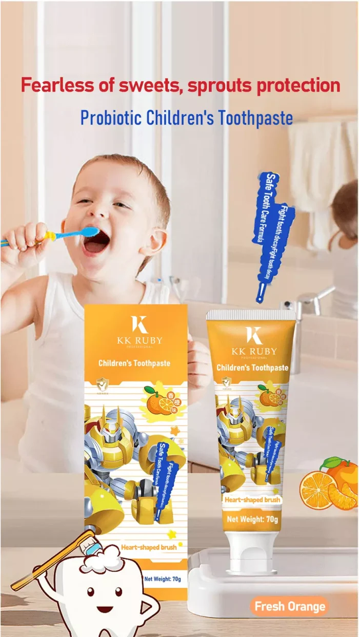 Orange flavor probiotic kids toothpaste fearless of sweets – safe anti-cavity protection for ages 2-12, OEM private label customization Orange flavor probiotic kids toothpaste fearless of sweets – safe anti-cavity protection for ages 2-12, OEM private label customization