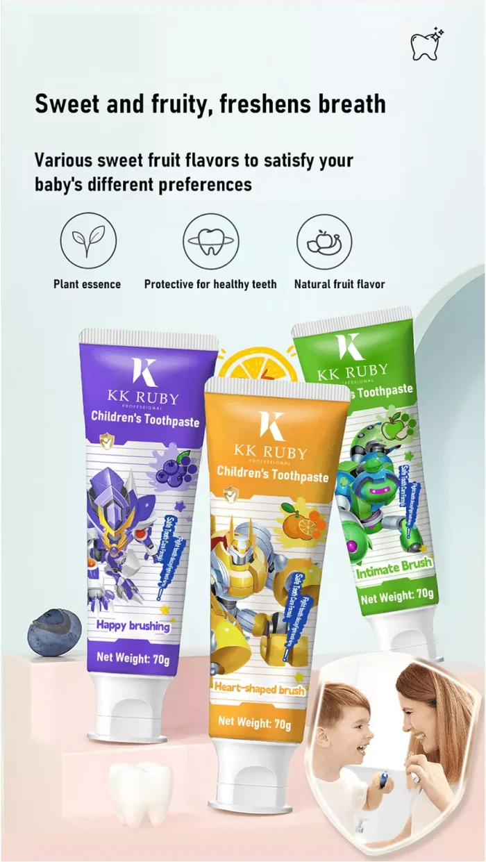 Sweet fruity flavors blueberry, orange, apple in probiotic kids toothpaste tubes – refreshing breath, OEM private label manufacturer Sweet fruity flavors blueberry, orange, apple in probiotic kids toothpaste tubes – refreshing breath, OEM private label manufacturer