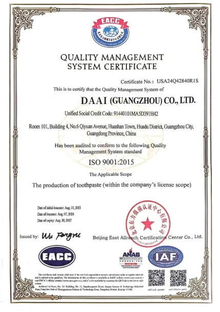 ISO 9001 certified toothpaste manufacturer in Guangzhou, China offering OEM and private label services