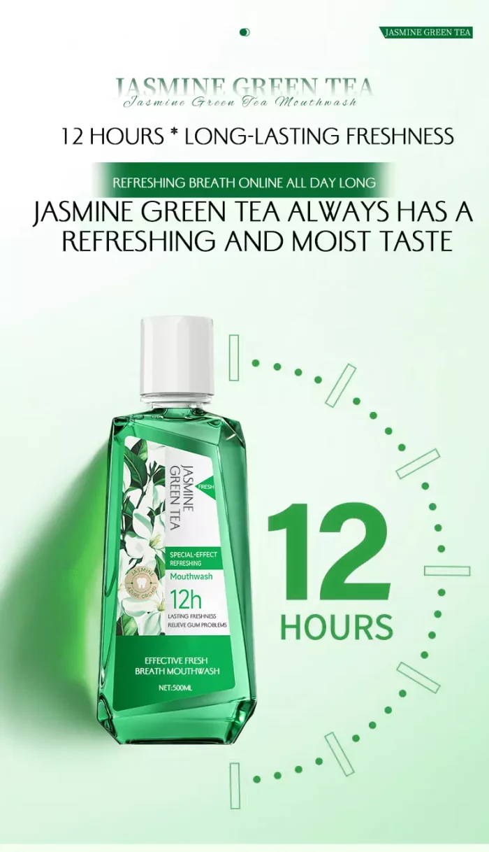 Alcohol-free jasmine green tea gum care mouthwash 500ml bottle with natural probiotic formula Alcohol-free jasmine green tea gum care mouthwash 500ml bottle with natural probiotic formula