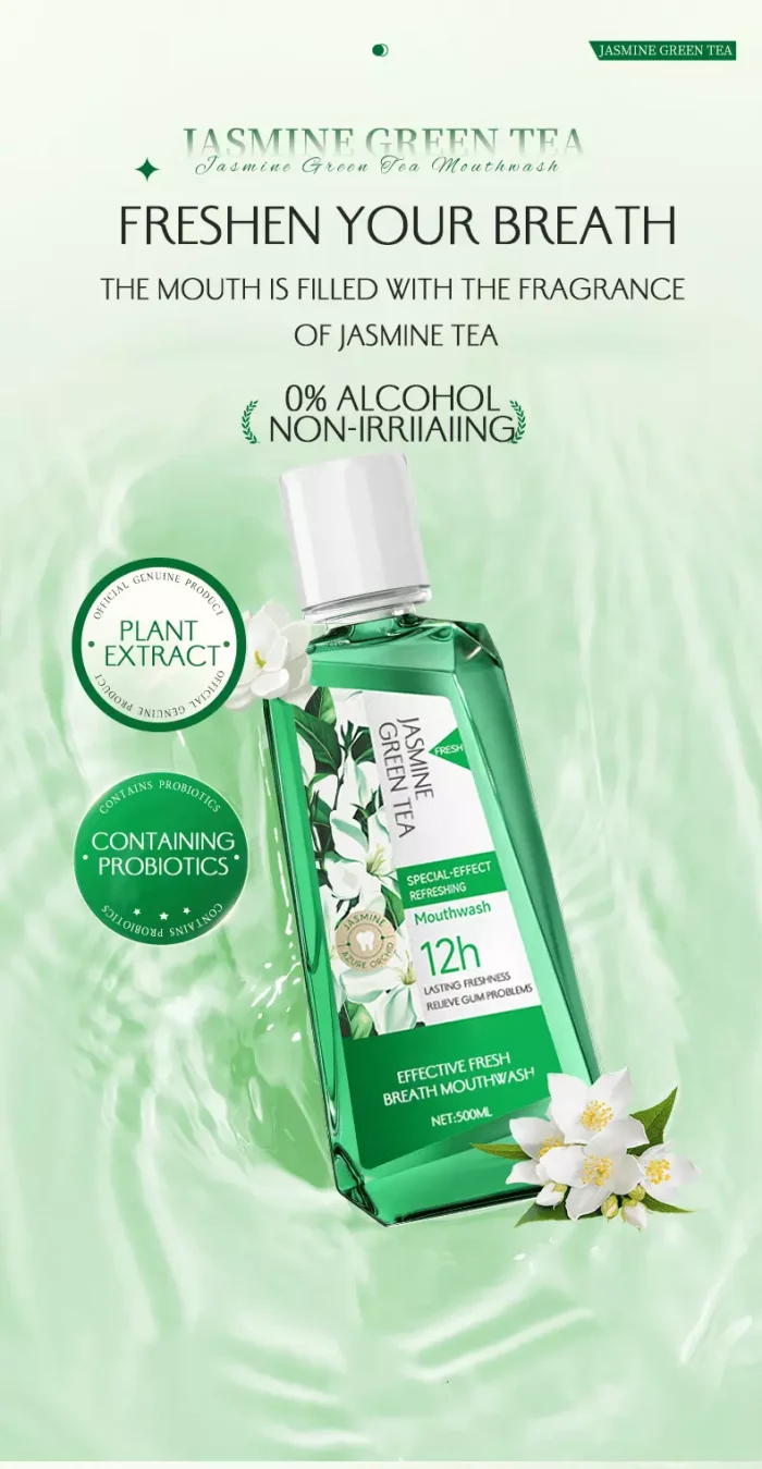 Back label of alcohol-free jasmine green tea mouthwash showing 0% alcohol, natural ingredients and 12-hour freshness claim Back label of alcohol-free jasmine green tea mouthwash showing 0% alcohol, natural ingredients and 12-hour freshness claim