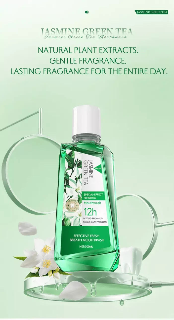 Clear green liquid of natural probiotic jasmine green tea mouthwash pouring from bottle Clear green liquid of natural probiotic jasmine green tea mouthwash pouring from bottle