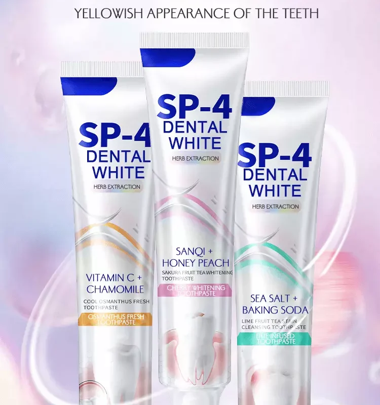 SP-4 Whitening Toothpaste series tubes in three fruit tea flavors – custom OEM/ODM private label toothpaste Guangzhou