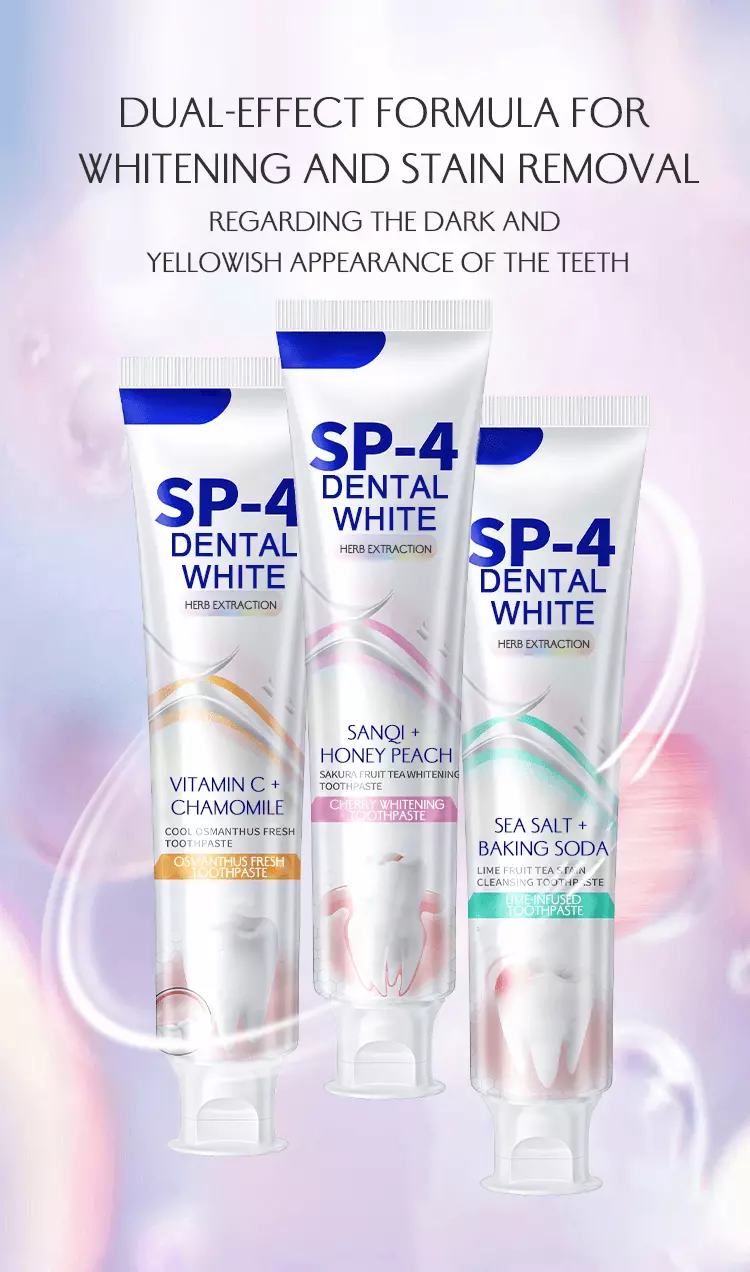 SP-4 Whitening Toothpaste series tubes in three fruit tea flavors – custom OEM/ODM private label toothpaste Guangzhou SP-4 Whitening Toothpaste series tubes in three fruit tea flavors – custom OEM/ODM private label toothpaste Guangzhou