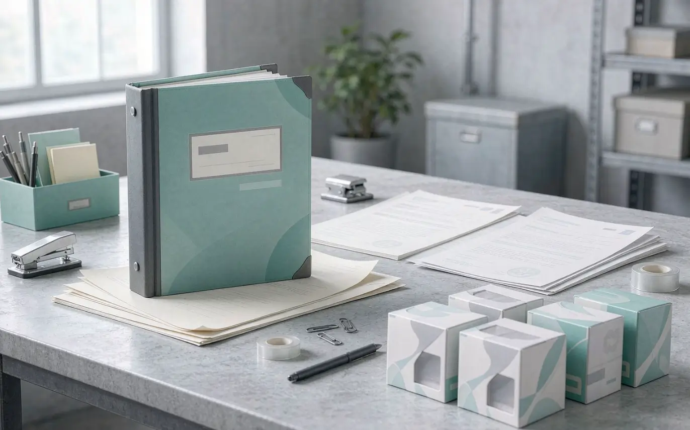 Compliance dossier with audit folders and certificates of analysis beside packaged oral care cartons