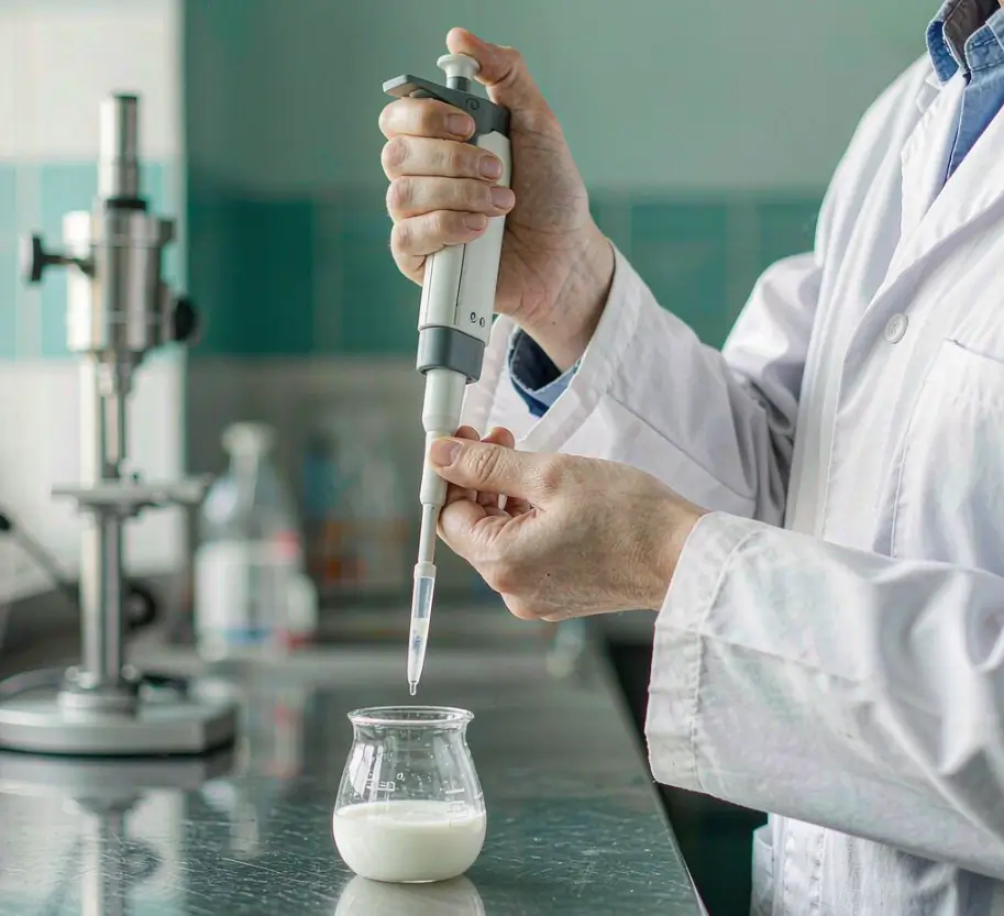 Técnico de pipetagem uma nano-hidroxiapatita suspensão em um béquer durante a formulação de pasta de dente