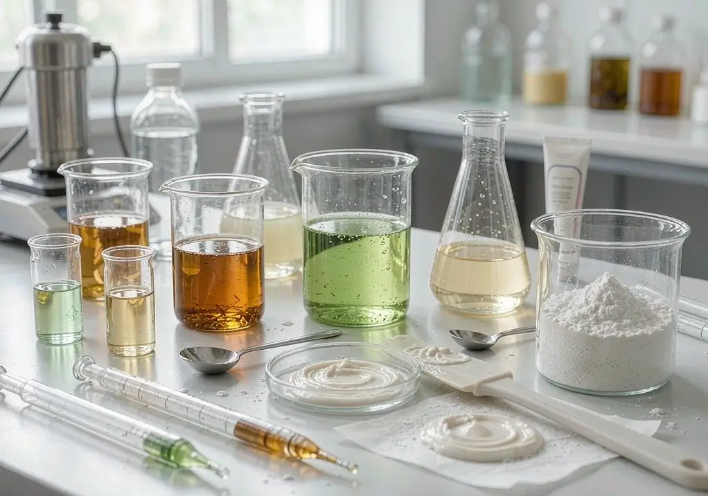 Bio-based toothpaste formulation bench with plant-derived ingredients and botanical extracts