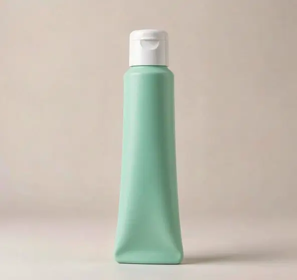 Plastic barrier laminate toothpaste tube with a flip-top cap on a neutral background