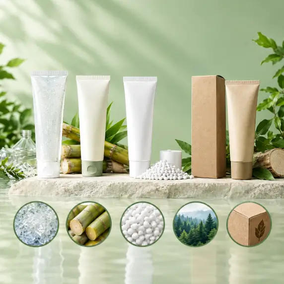 Sustainable oral care packaging flat lay with kraft carton and recycled tubes